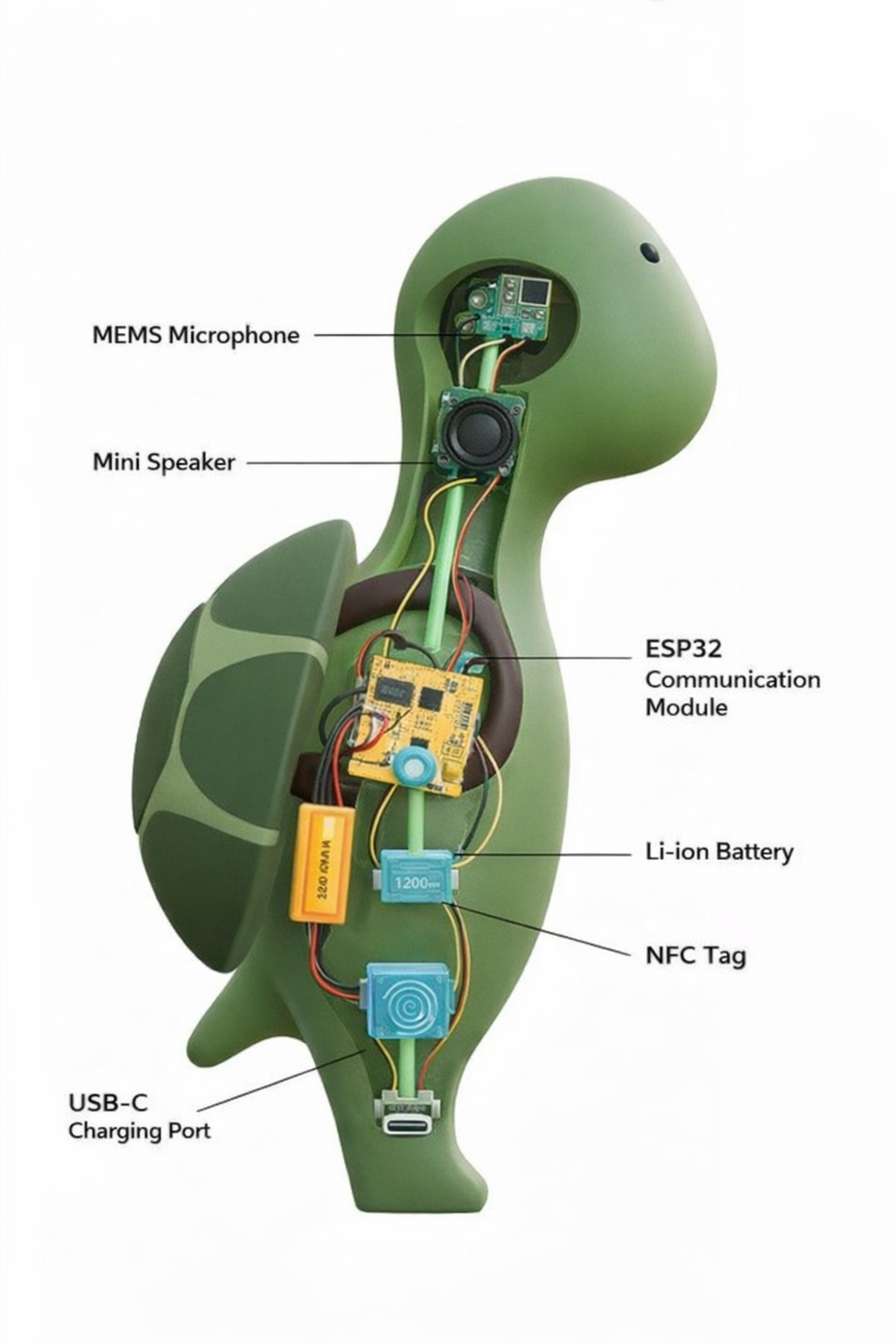 Conceptual visualization of the Animal Intelligence turtle device showing internal components